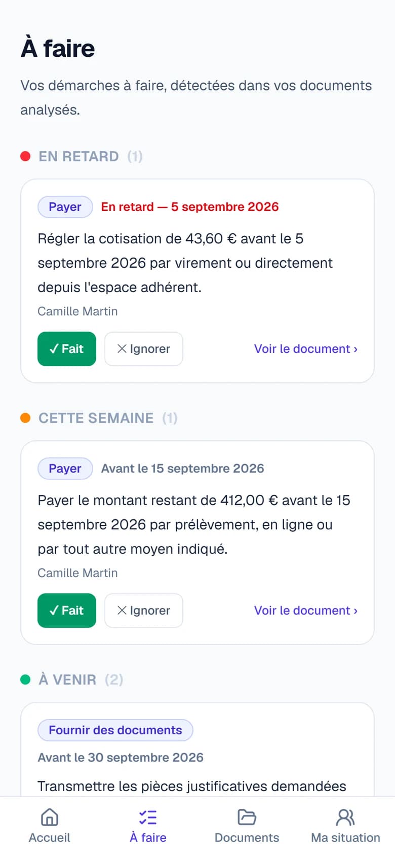 Liste « À faire » : une cotisation de mutuelle en retard, un avis d’impôt à régler cette semaine, un dossier de location à venir.
