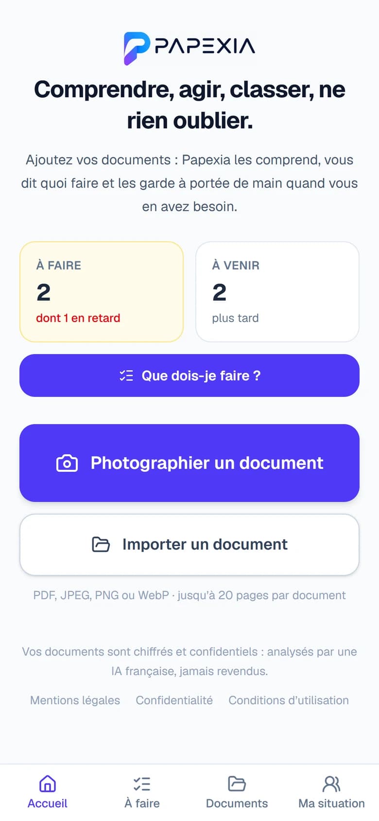 Écran d’accueil de Papexia : deux choses à faire dont une en retard, deux à venir, et le bouton « Photographier un document ».