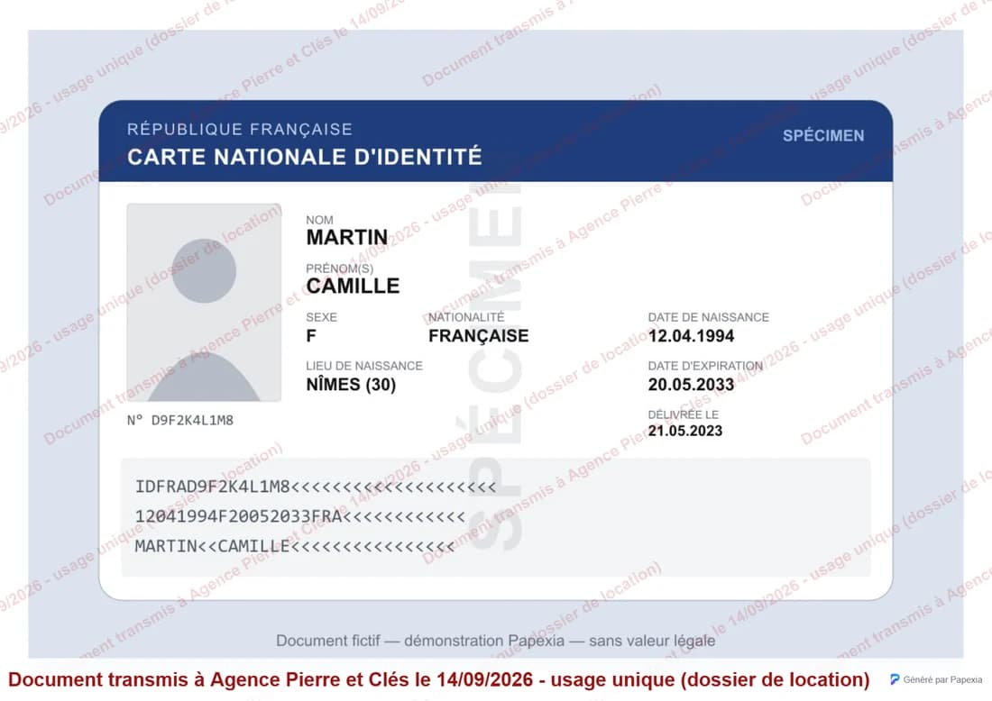 Exemple de filigrane sur une carte d’identité fictive : « Document transmis à Agence Pierre et Clés le 14/09/2026 - usage unique (dossier de location) » répété en diagonale sur toute la page, avec un bandeau en bas.