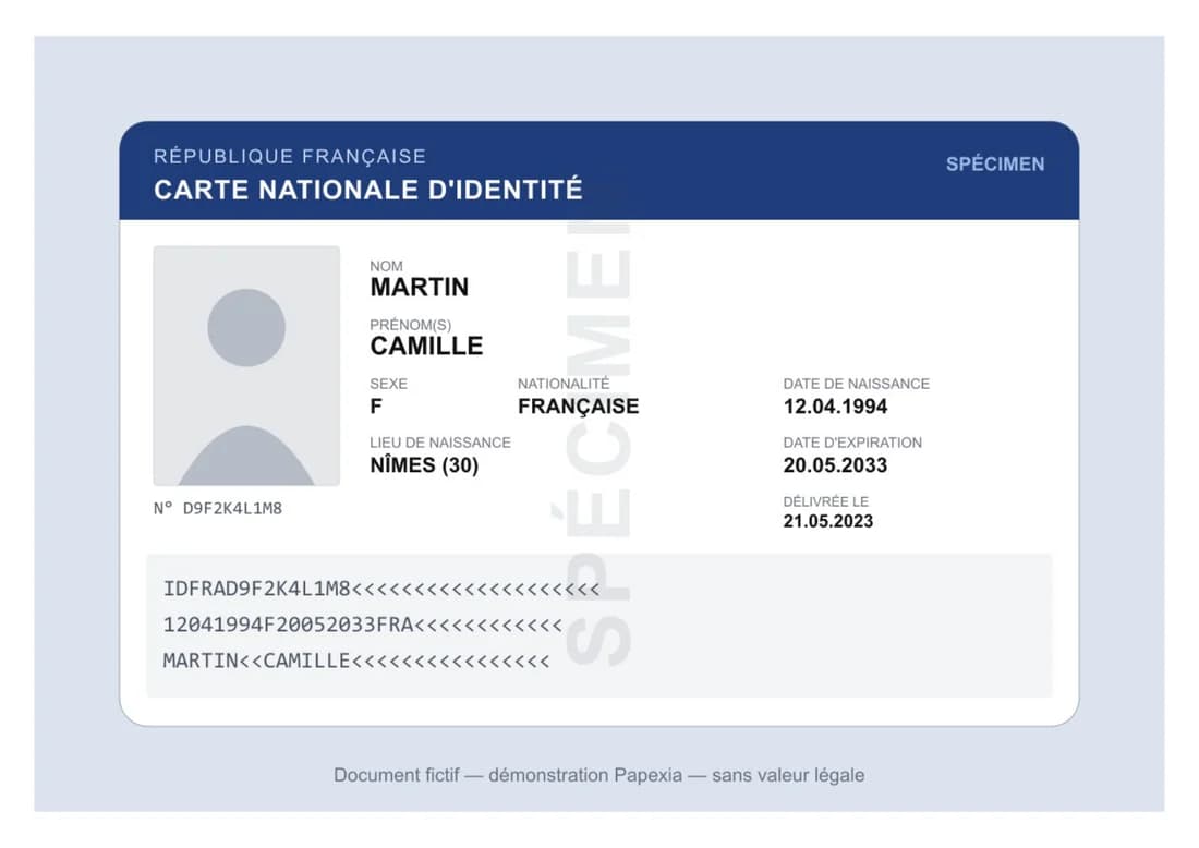 Copie d’une carte nationale d’identité fictive, sans filigrane : toutes les informations sont réutilisables telles quelles.