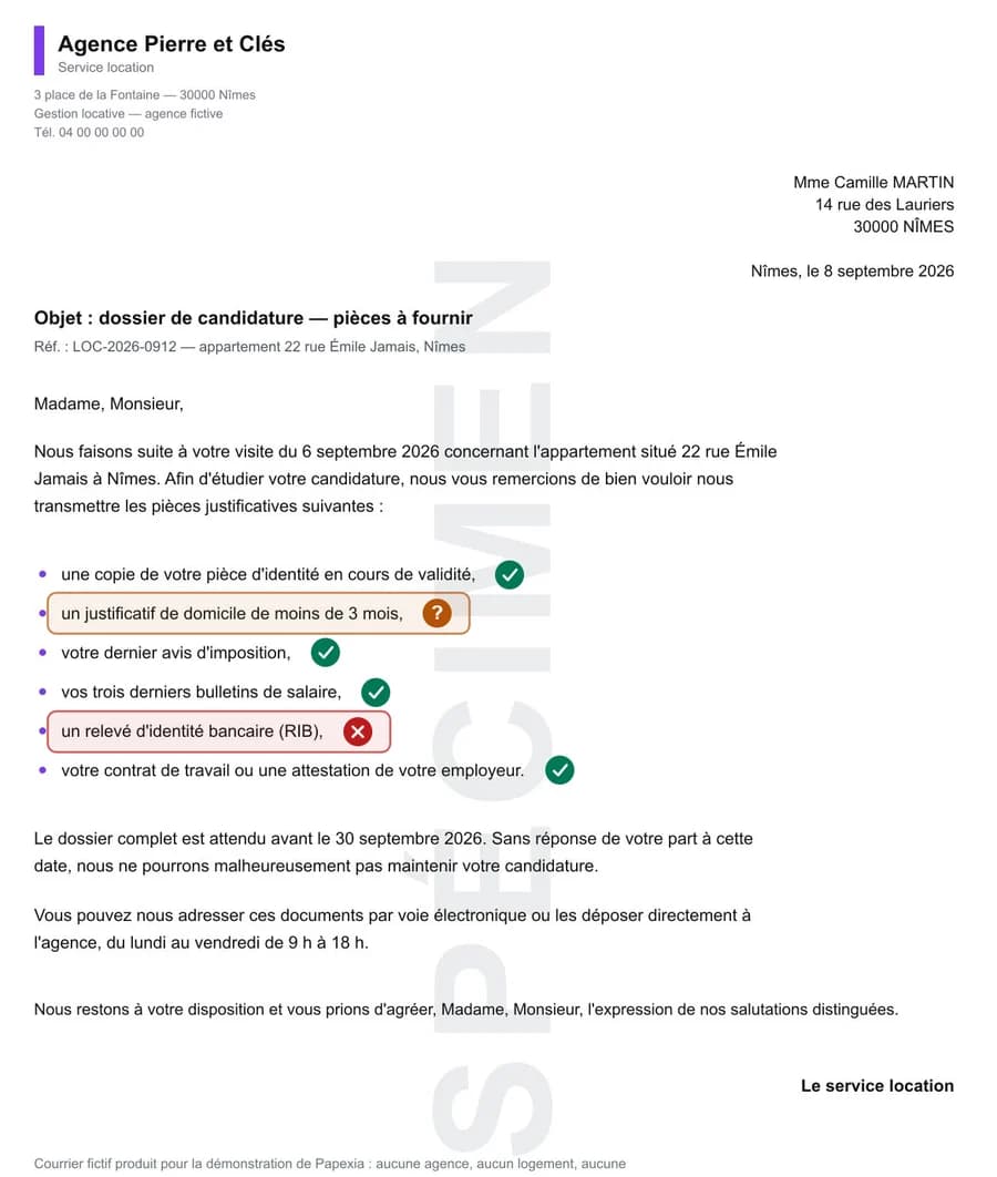 Courrier fictif d’une agence immobilière demandant six pièces, annoté : pièce d’identité, avis d’imposition, bulletins de salaire et contrat de travail validés ; justificatif de domicile à préciser ; RIB hors liste.
