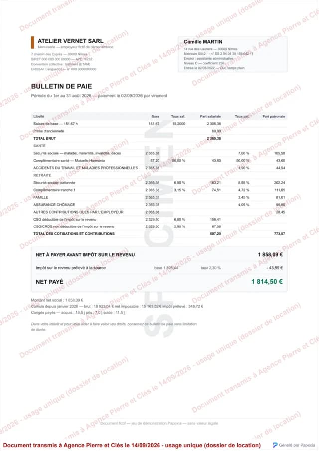 Bulletin de salaire fictif filigrané au nom de l’agence, sur une page A4.