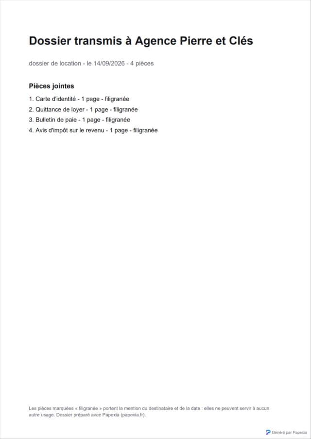 Page de garde du dossier : « Dossier transmis à Agence Pierre et Clés », dossier de location du 14/09/2026, liste des 4 pièces jointes, toutes filigranées.