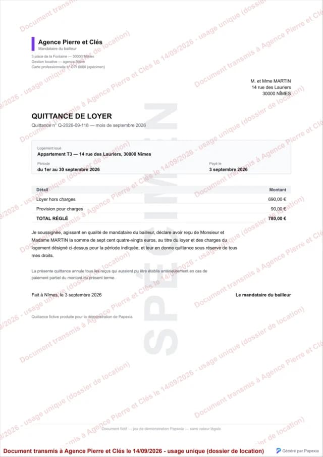 Quittance de loyer fictive filigranée au nom de l’agence, sur une page A4.