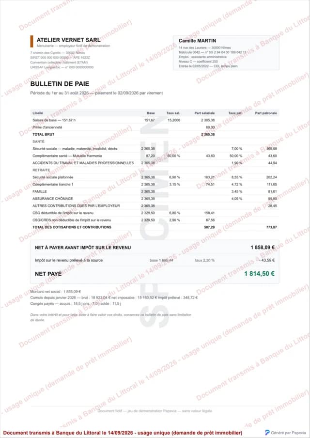 Bulletin de salaire fictif filigrané au nom de la banque, sur une page A4.