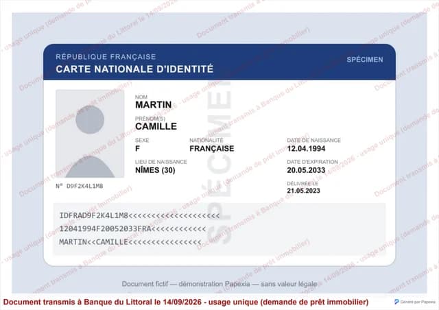 Carte d’identité fictive filigranée au nom de la banque, avec le bandeau et la signature Papexia.