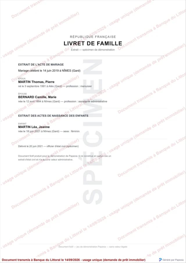 Livret de famille fictif filigrané au nom de la banque, sur une page A4.
