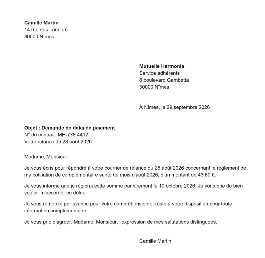 Exemple de courrier rédigé avec Papexia : la réponse de Camille Martin à une relance de sa mutuelle, avec ses coordonnées, celles de la mutuelle, l’objet « Demande de délai de paiement », le numéro de contrat, la date de la relance, le montant de 43,60 € et la formule de politesse.