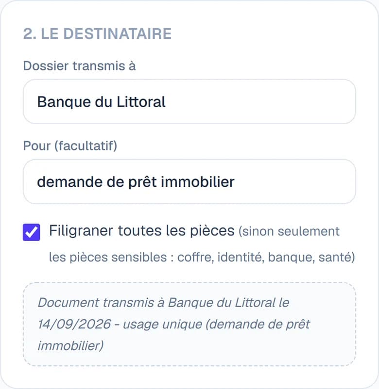 Formulaire « Constituer un dossier » de Papexia : dossier transmis à Banque du Littoral pour une demande de prêt immobilier, case « Filigraner toutes les pièces » cochée et aperçu du texte du filigrane.