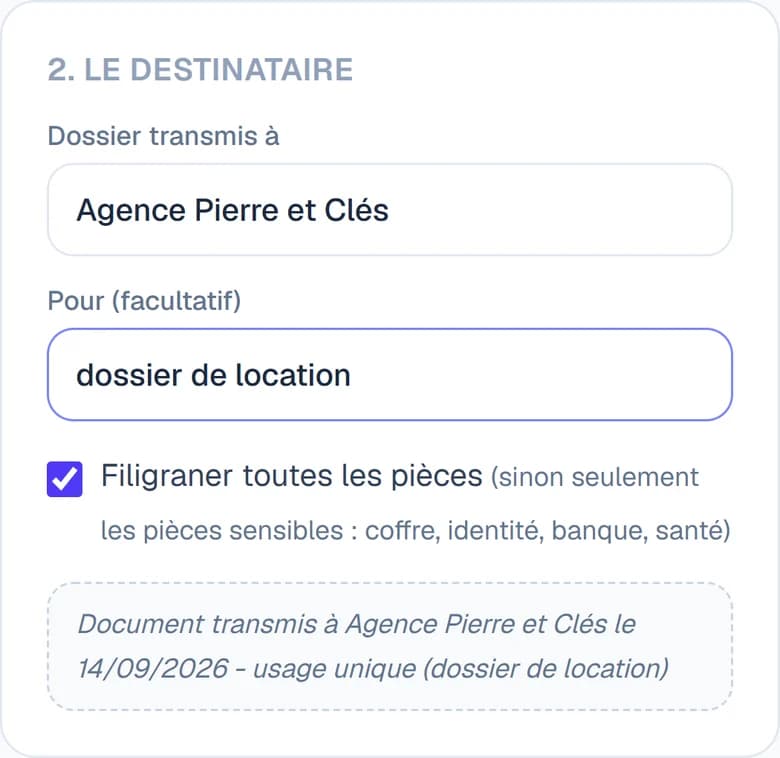 Formulaire « Constituer un dossier » de Papexia : dossier transmis à Agence Pierre et Clés, pour un dossier de location, case « Filigraner toutes les pièces » cochée et aperçu du texte du filigrane.