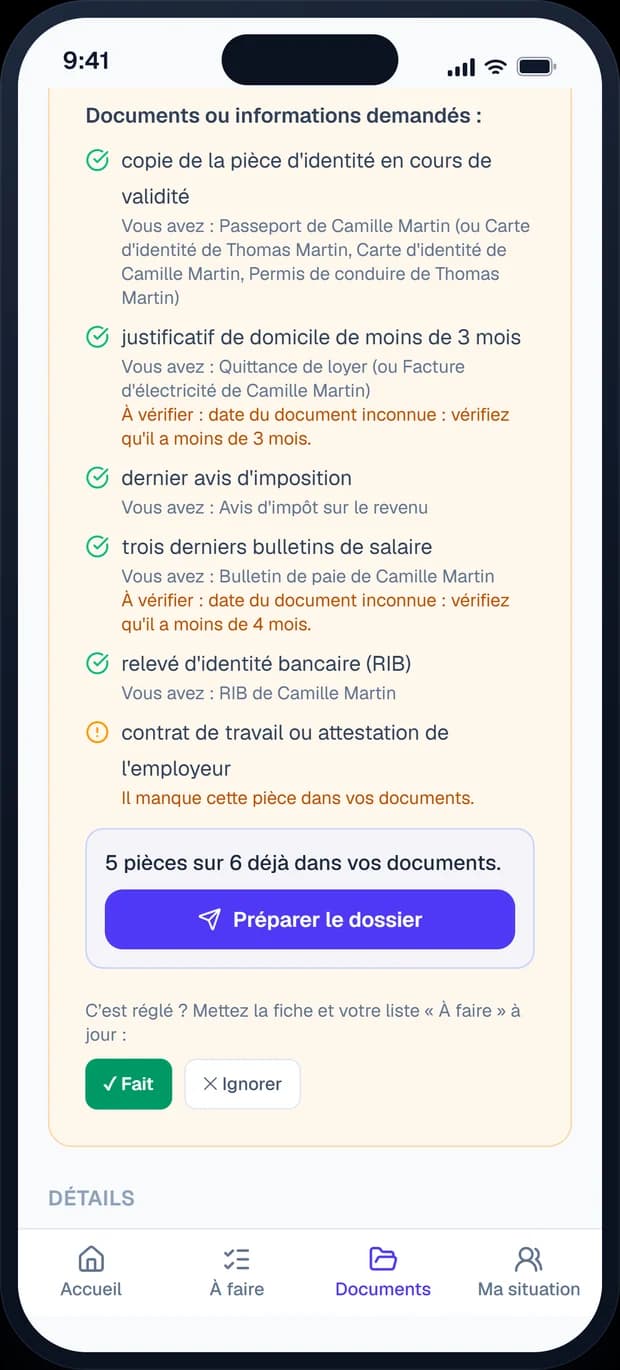 Écran de Papexia sur le courrier de l’agence : pour chaque pièce demandée, celle que vous avez déjà, deux dates à vérifier, le contrat de travail manquant, et « 5 pièces sur 6 déjà dans vos documents » avec le bouton « Préparer le dossier ».
