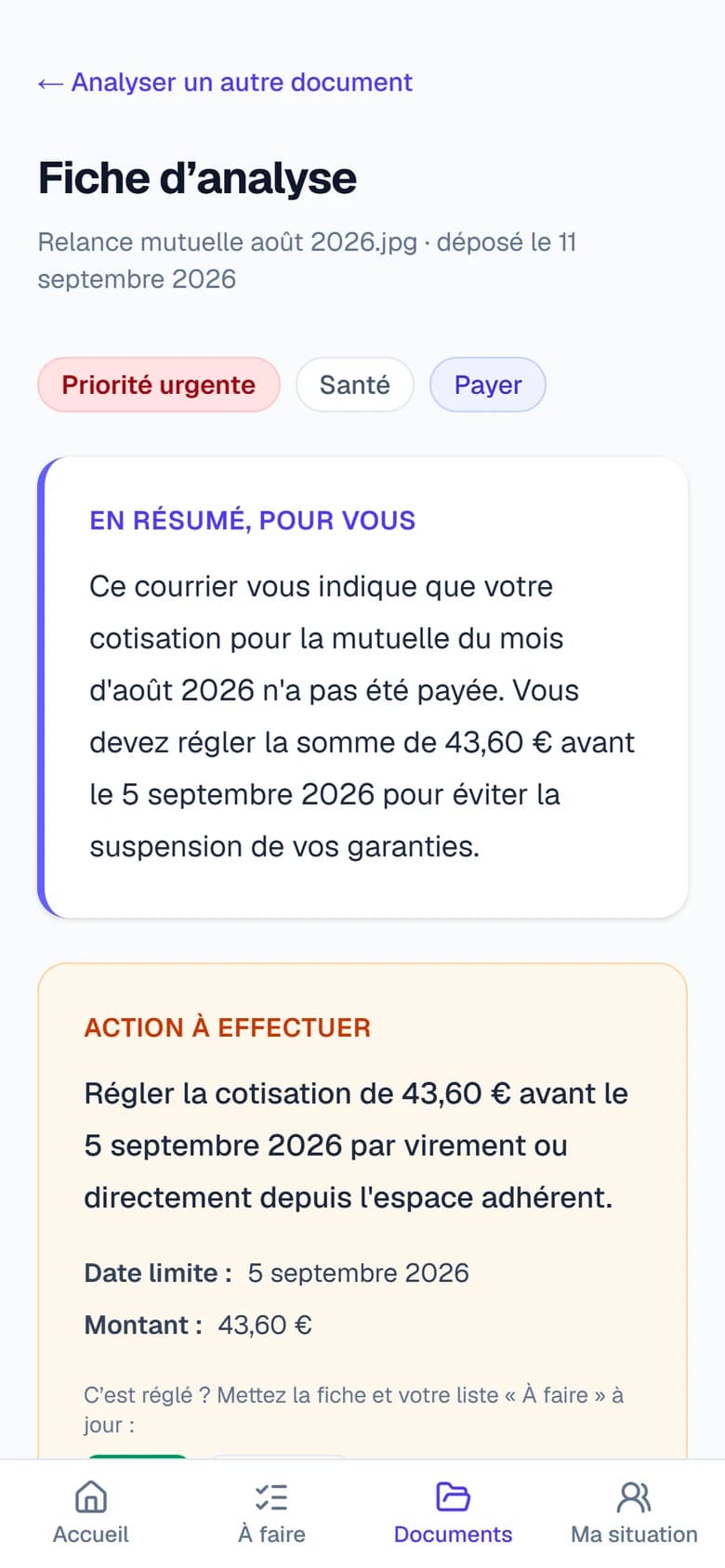 Fiche d’analyse de Papexia pour la relance de mutuelle : priorité urgente, catégorie Santé, résumé en français simple et action à effectuer — régler 43,60 € avant le 5 septembre 2026.